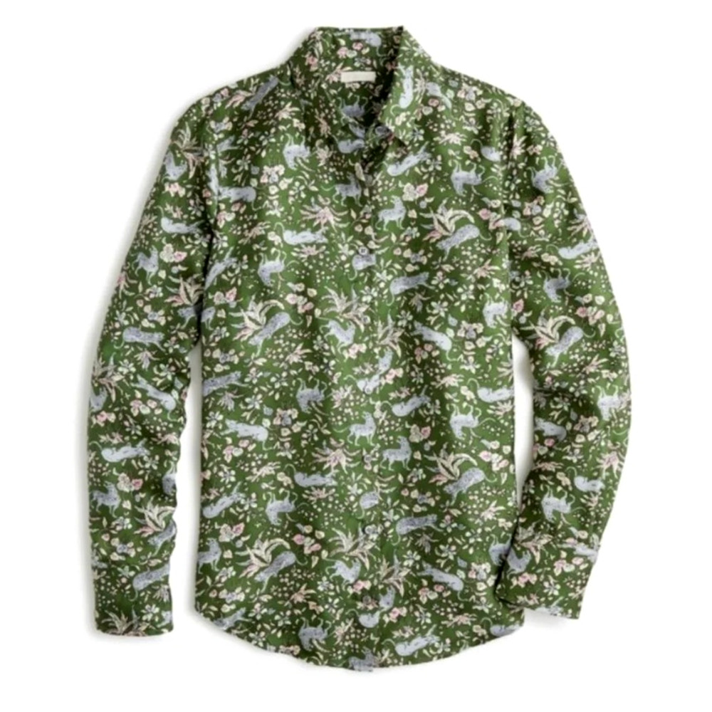 J.Crew Collection Silk Jungle Cat Floral Shirt Top Size 10 Green Leopard Olive
